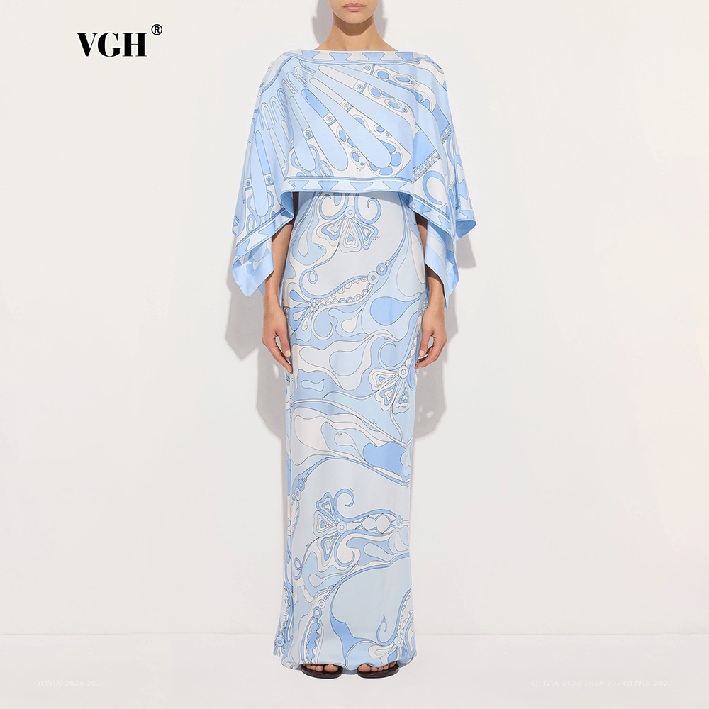 Women Formal Wear Set - VGH ライトブルーの抽象柄プリントツーピースセット、女性用ボディコンドレススーツ、ボートネック、ゆったりデザインのケープ付き、結婚式のゲストやガラに最適