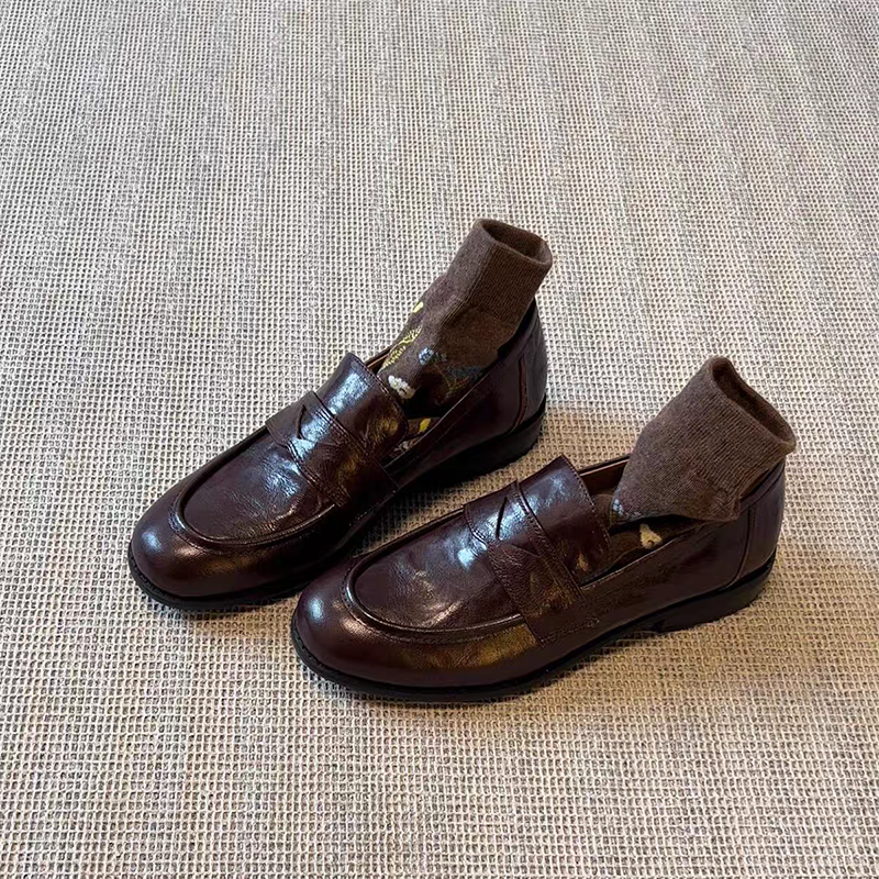 Women Formal Wear Footwear - レディース本革ローファースリップカジュアルフラットヴィンテージラウンドオフィスワークシューズ女性用日常着ビジネスフォーマルシューズ
