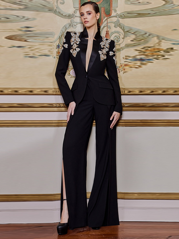 Women Formal Wear Set - ハイストリート 最新2026年 デザイナースーツ レディース ビーズダイヤモンド スタンドカラー
