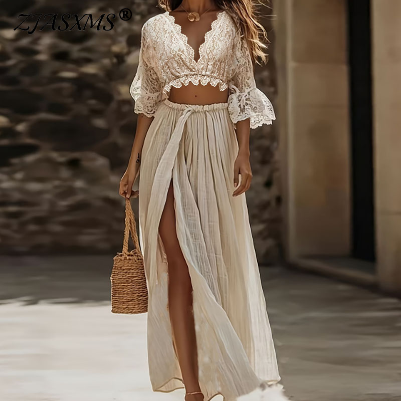 Women Formal Wear Set - レディースボヘミアンレースツーピースセット セクシーディープVネッククロップトップ+ハイウエストスリットマキシスカート バケーションアウトフィット フレア袖ホロースーツ