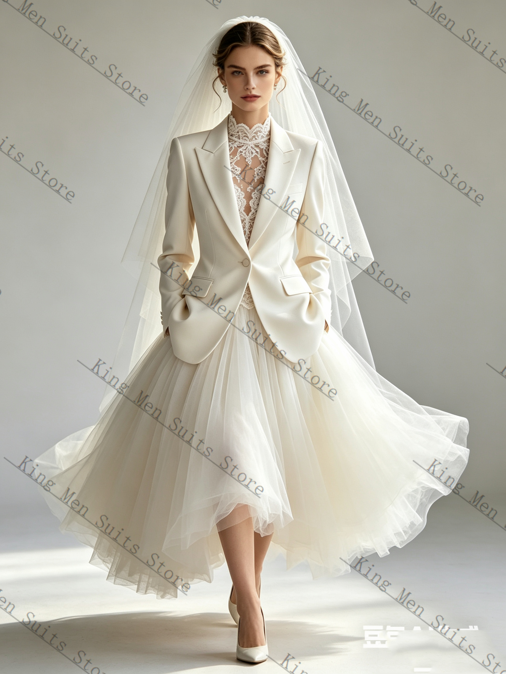 Women Formal Wear With Skirt - ホワイトスプリング女性スーツスカート 2 個ブレザーチュールウエディングドレス綿カスタマイズされたフォーマルオフィス結婚式タキシードコートジャケット