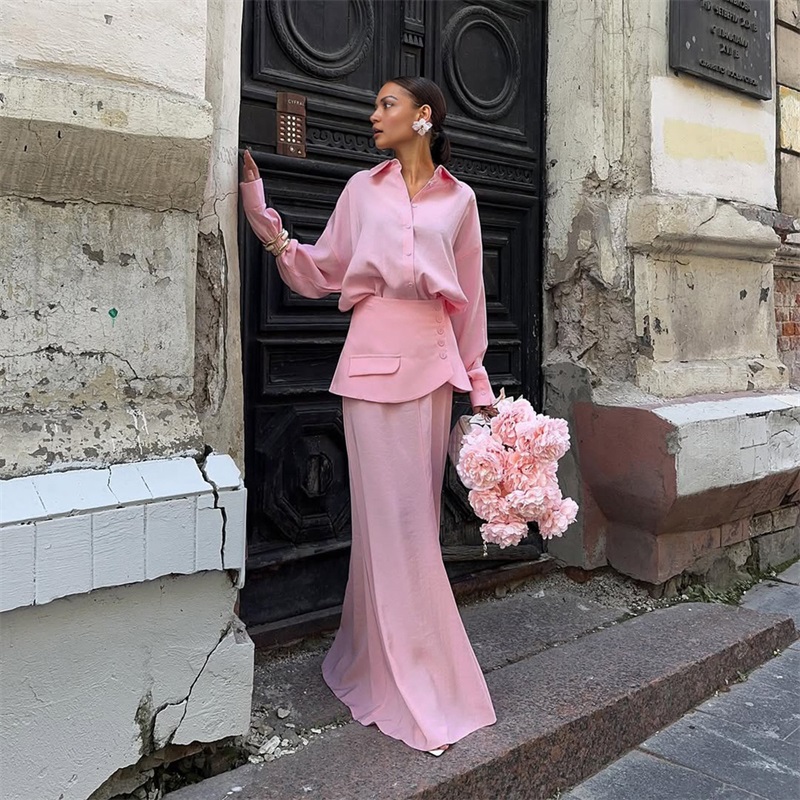 Women Formal Wear With Skirt - 秋ピンク黒女性スーツスカートセット 3 個シャツ + ウエストバンド +