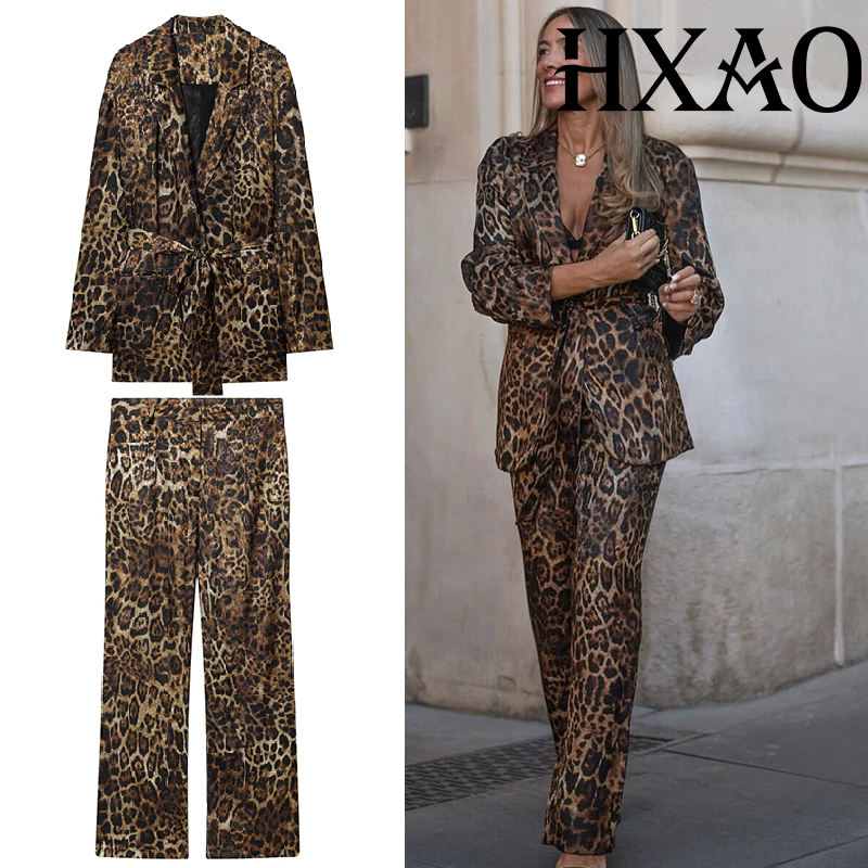 Women Formal Wear Set - HXAO レオパード柄パンツスーツ 2ピースセット ヴィンテージ風ロングブレザー ジャケット ツーピースセット