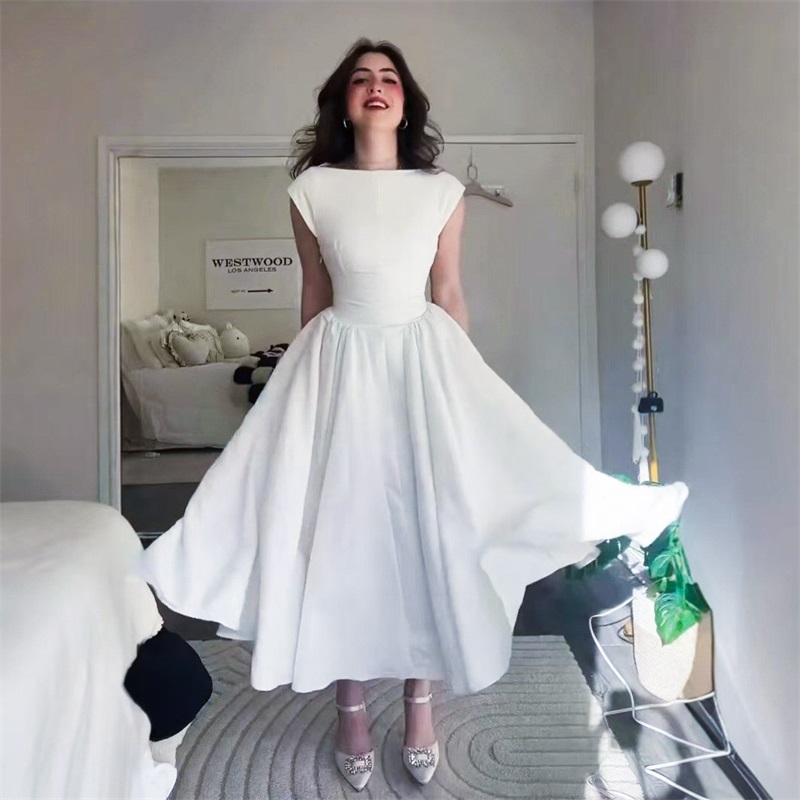 Women Formal Wear With Skirt - エレガントなプリンセス女性ウエディングドレスセクシーな O ショルダーバックレスノースリーブロング A ラインパーティードレスフォーマルレッドカーペットローブスカート