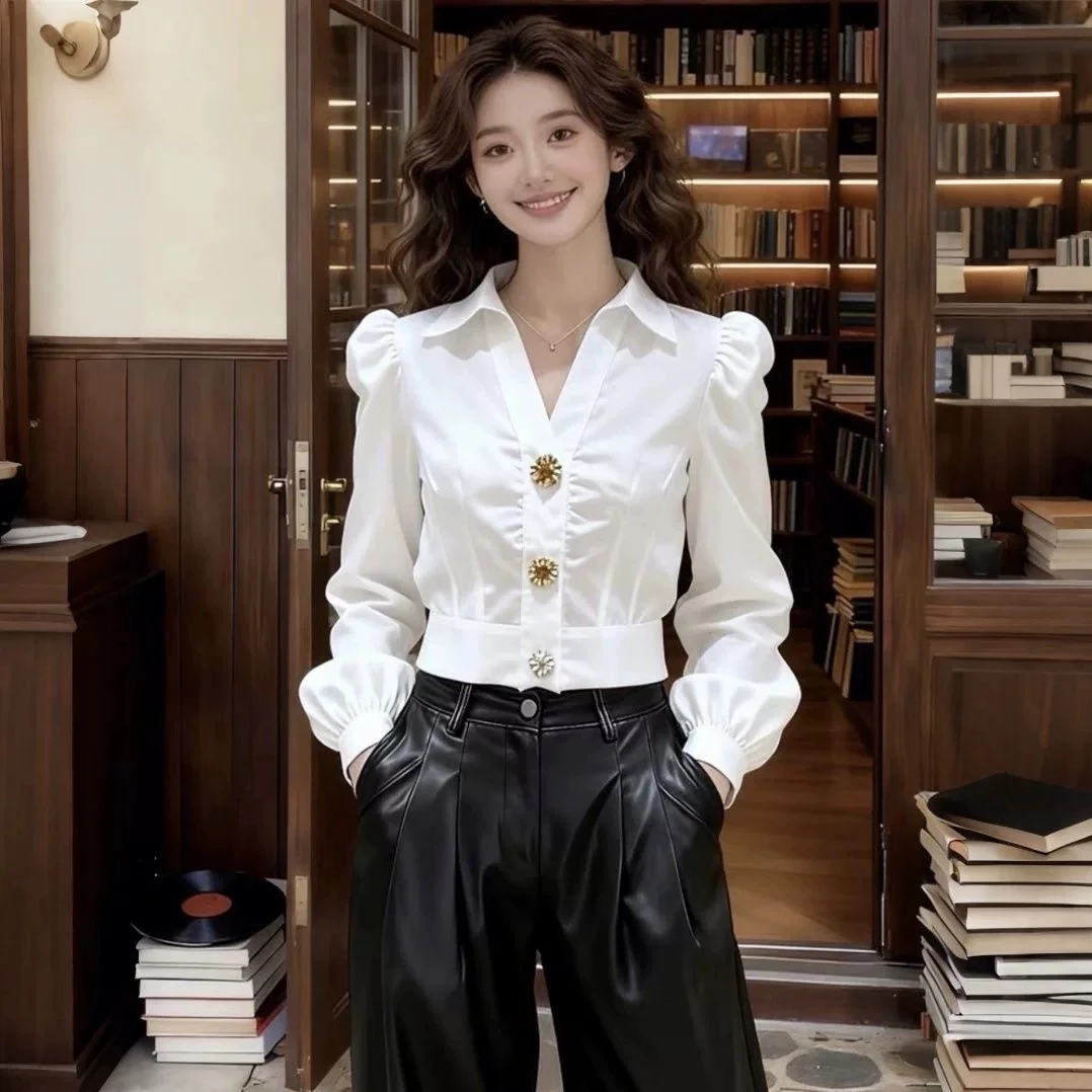 Women Formal Wear White Shirt - エレガントな白いVネックブラウス、女性用パフスリーブボタンシャツ、ショート丈トップス、Y2Kシック、オフィスレディー、カジュアルフォーマルウェア、2026