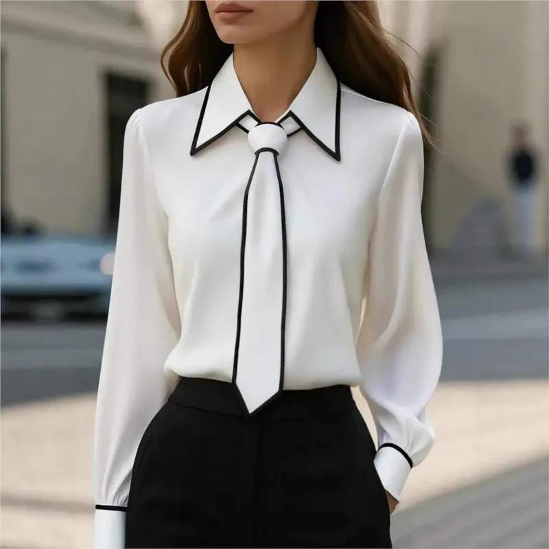 Women'S Formal Wear Suits - 女性のブラウスファッションシャツフォーマル蝶ネクタイ長袖コントラストトリムトップススリムフィット作業服エレガントなオフィスレディシャツ女性