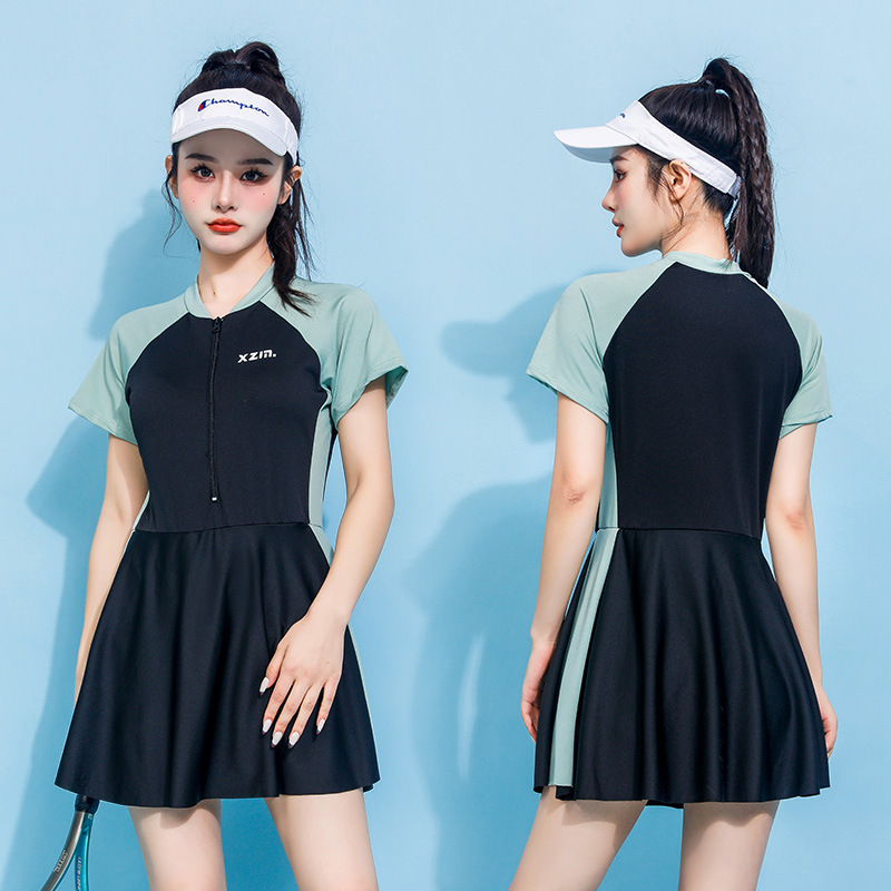 Young Women'S Formal Wear - 女性長袖ワンピース水着フロントジッパーカラーブロック控えめなスカート水着ラッシュガード保守的なビーチ水着