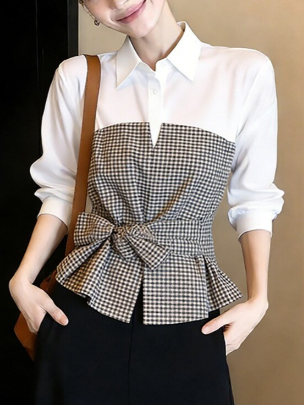 Women Formal Wear White Shirt - 新しい白黒ギンガムチェックパッチワークブラウス、襟付き長袖、ボウウエストペプラムトップ、女性用エレガントオフィスフォーマル通勤着