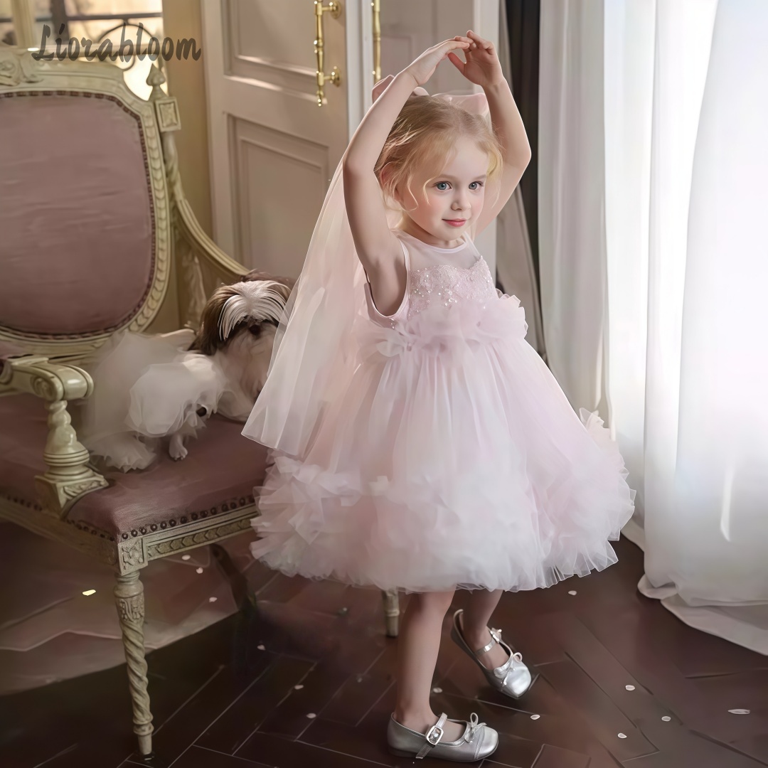 Women Formal Wear With Skirt - 女の子用チュールガウン レイヤードスカートデザイン フラワーガールドレス ウェディング衣装 女の子用フォーマルウェア パーティードレス