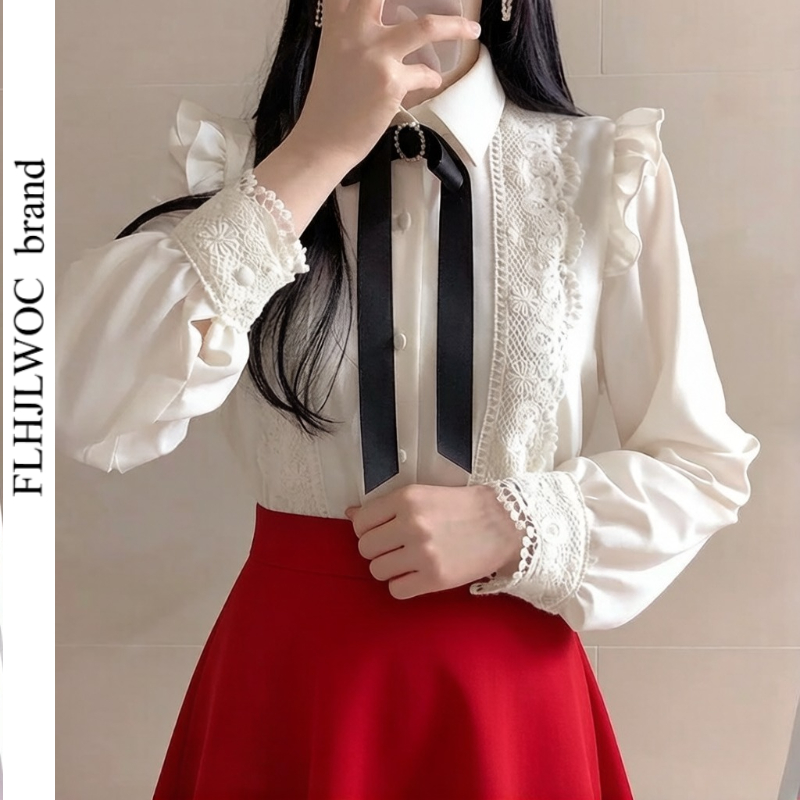 Women Formal Wear White Shirt - フリル秋春の基本的なオフィスレディ作業服女性シングルブレストボタン固体ピーターパン襟トップ白シャツブラウス