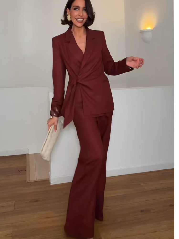 Women Formal Wear Set - ファッションオフィスレディースブレザーパンツスーツエレガントフォーマルスリムレースアップジャケットストレートトラウザーレディ通勤着用2ピースセット