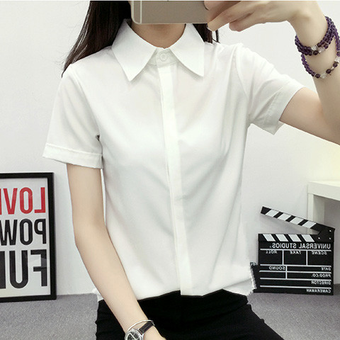 Women Formal Wear White Shirt - 白いルーズ半袖シャツ女性夏韓国スタイル大きいサイズ学生フォーマルカジュアルオフィスウェア襟ボタンアップ