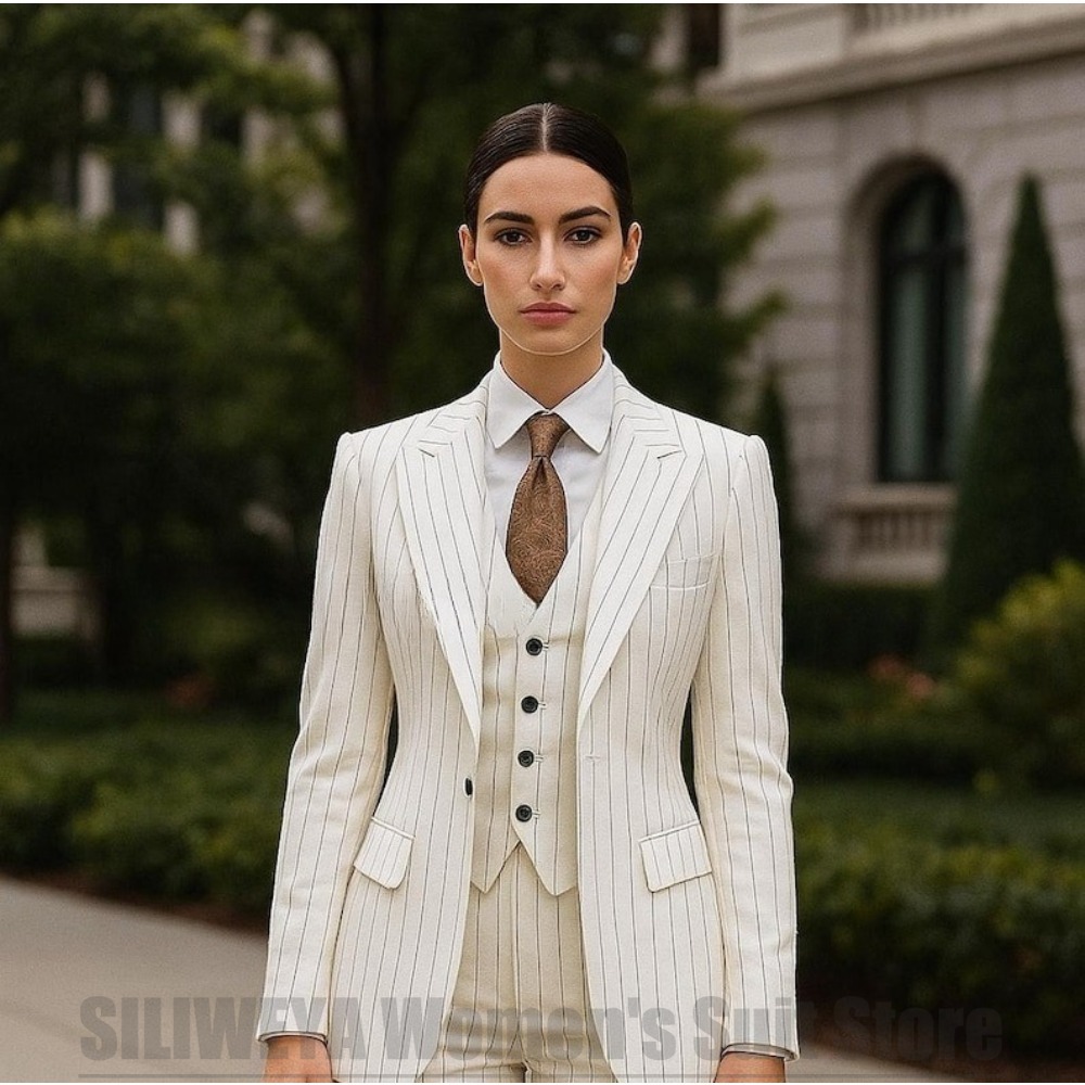 Women Formal Wear White Shirt - 白のストライプ柄レディーススーツ3点セット、シックなピークドラペル、ワンボタンブレザー、ベスト、パンツ、フォーマル、オフィス、ビジネス、結婚式、パーティー用