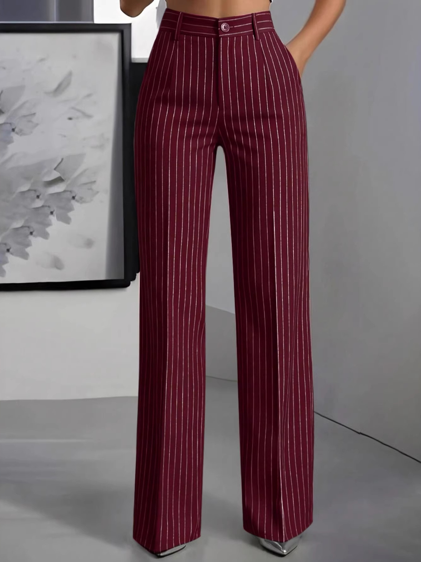 Women'S Formal Wear Suits - エレガントなハイウエストストレートレッグスーツパンツ、通勤にも使える万能なシンプルストライプ柄、レディースカジュアルパンツ、ビジネスフォーマルパンツ