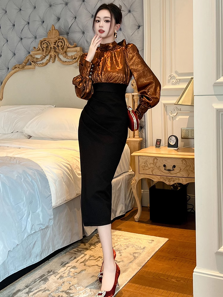 Wrap Dress Work - ファッションレディースワークスタイルフォーマルオケージョンドレス女性エレガントオフィス通勤シックランタンスリーブスリムラップヒップドレスベスティドス