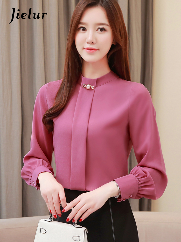 Women'S Formal Wear Suits - Jielur-パフスリーブ,ボタン付き,エレガント,無地,ホワイトグレー,女性用シフォンシャツ,新しい春のコレクション