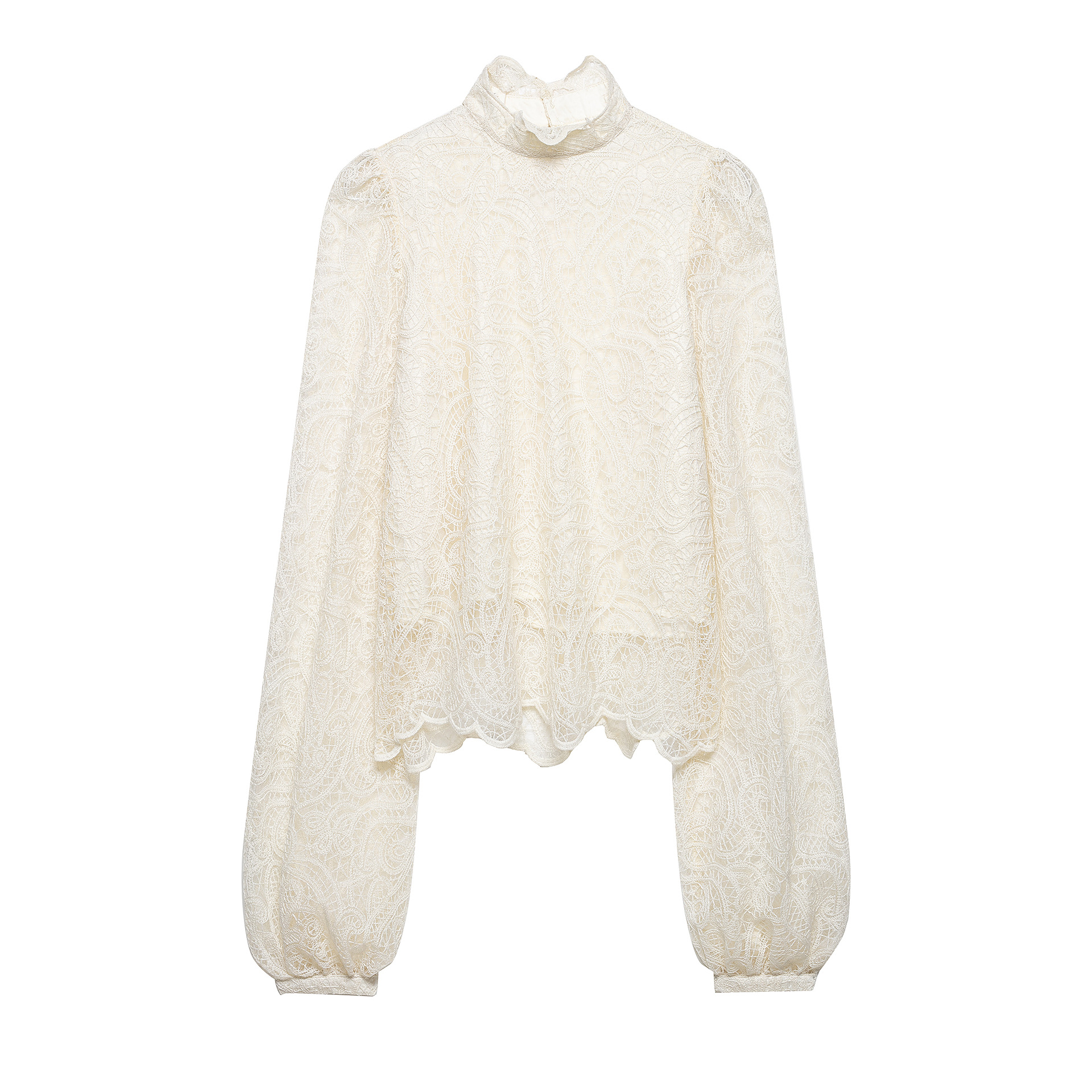 Women Formal Wear White Shirt - 女性のファッションスタイルレースベージュレース長袖ブラウスハイネックパフスリーブカジュアルシャツ春秋日常着 OU30