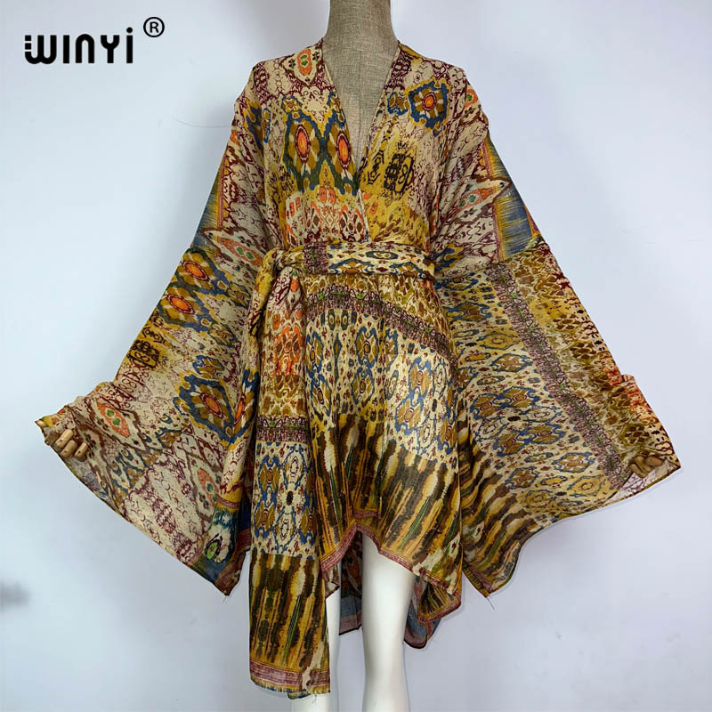 Young Women'S Formal Wear - Winyi着物ベルト付き夏の花柄プリントビーチ衣装カーディガンセクシーな休日マキシビーチウェア水着イブニングドレス