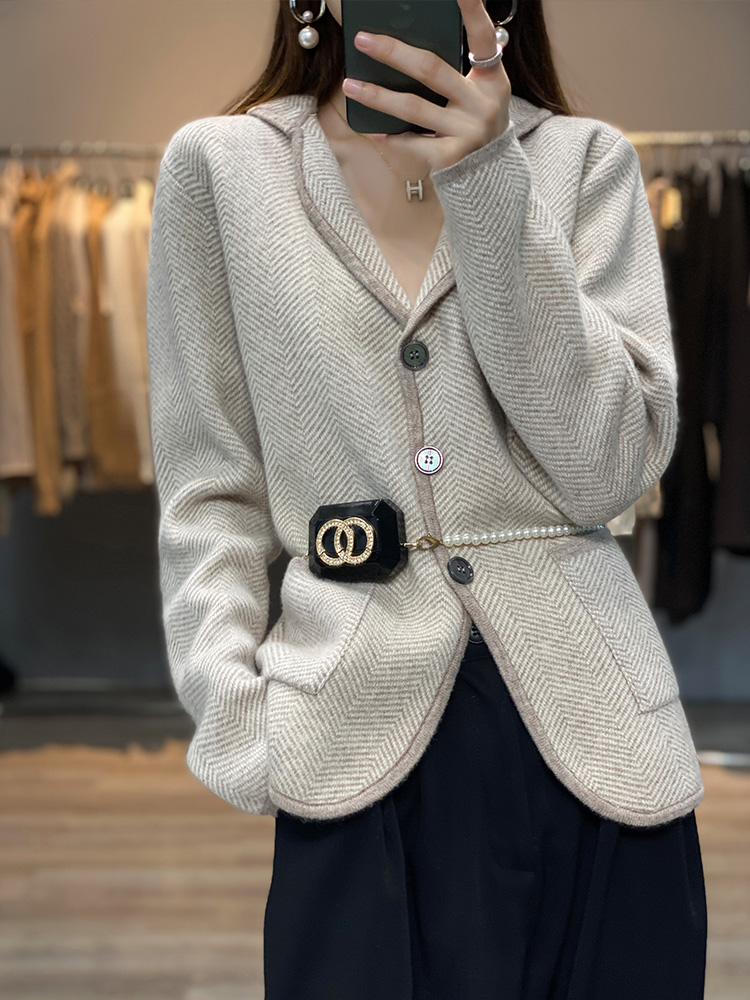 Tailored Coat Wool - 女性のカシミヤウールスーツ,厚手のカーディガン,ニット,カジュアル,秋冬