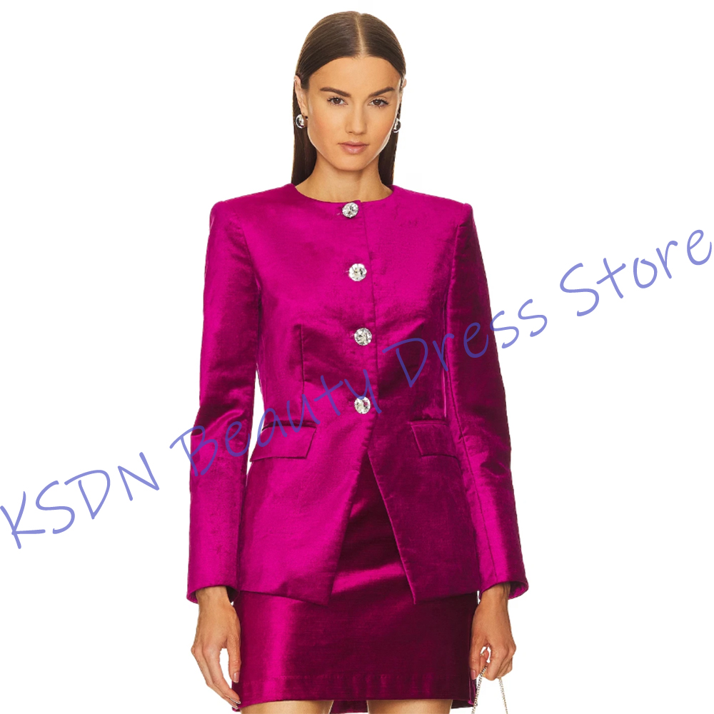 Women Formal Wear With Skirt - シックな女性用シングルブレストスーツ ホットピンクサテン ツーピース（ジャケット＋ミニスカート）セット エレガントなオフィスウェア イブニングパーティー衣装