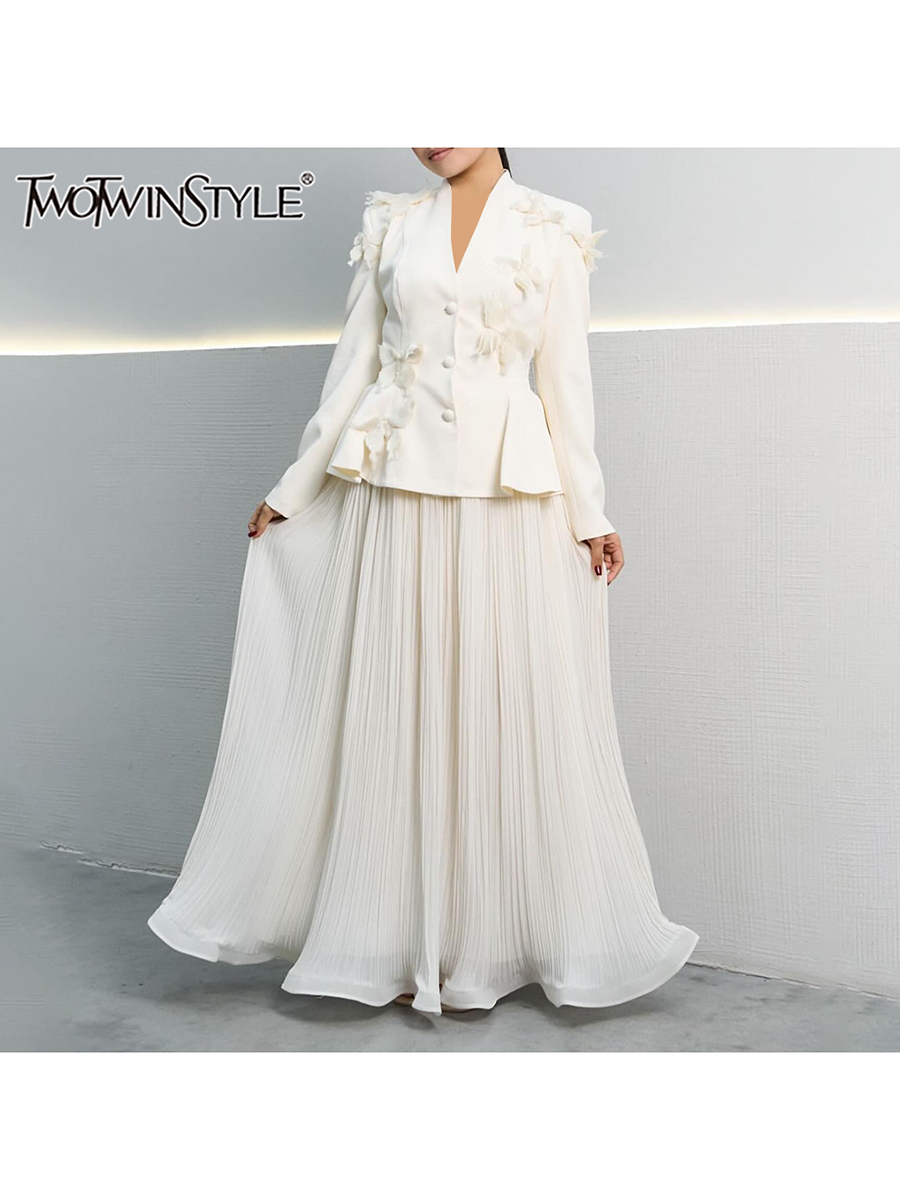 Women Formal Wear Set - TWOTWINSTYLE エレガントなツーピースセット女性のための V ネック長袖チュニックデザイナーコートハイウエストプリーツスカートフォーマルセット女性