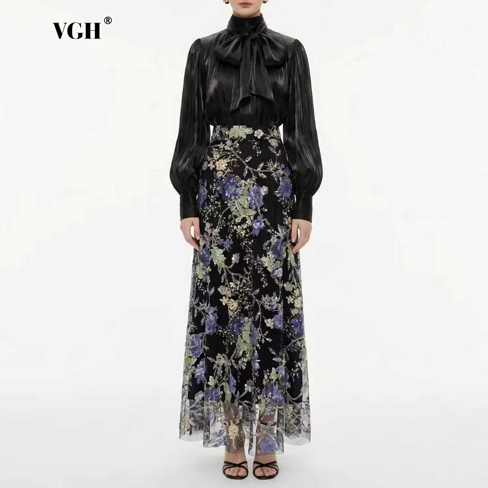 Women Formal Wear With Skirt - VGH エレガントシック ブラックフローラル ツーピースセット レディース スカーフカラー