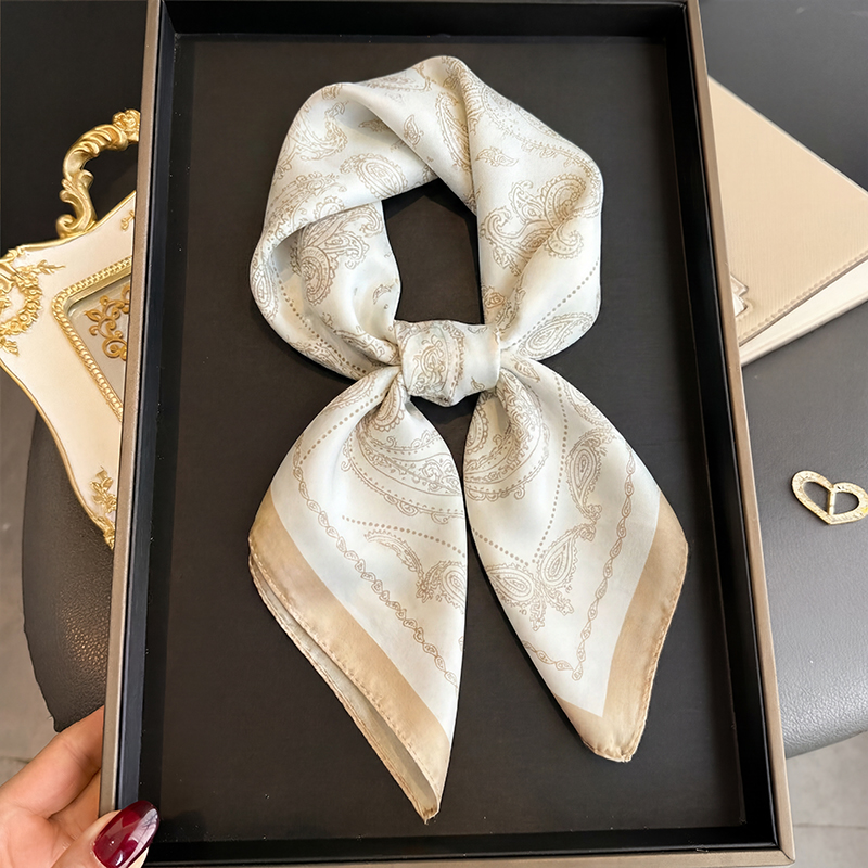 Scarf Silk Neck - ヴィンテージベージュペイズリープリントスクエアスカーフサテンシルクバンダナ女性用夏毎日の通勤日焼け止めネックヘアアクセサリー