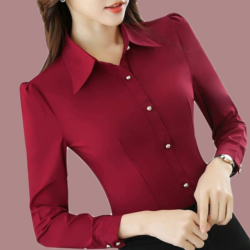 Women'S Formal Wear Suits - 赤長袖シャツ女性春秋の新韓国痩身フォーマル職業 OL シャツオールマッチベーシックオフィスレディブラウス