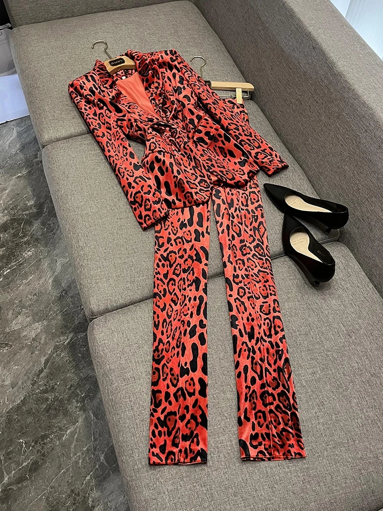 Women Formal Wear Set - ハイストリート最新ファッション2026デザイナー スーツセット レディース シングルボタン レオパード柄 ベルベットブレザー