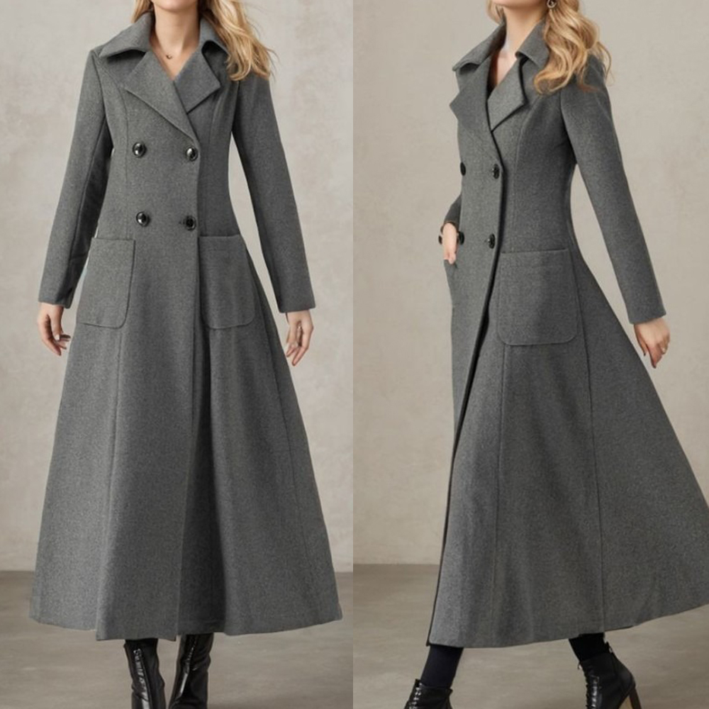 Tailored Coat Wool - 女性用グレーロングジャケットウールダブルブレストブレザーテーラードウォームコートワンピースカスタマイズ