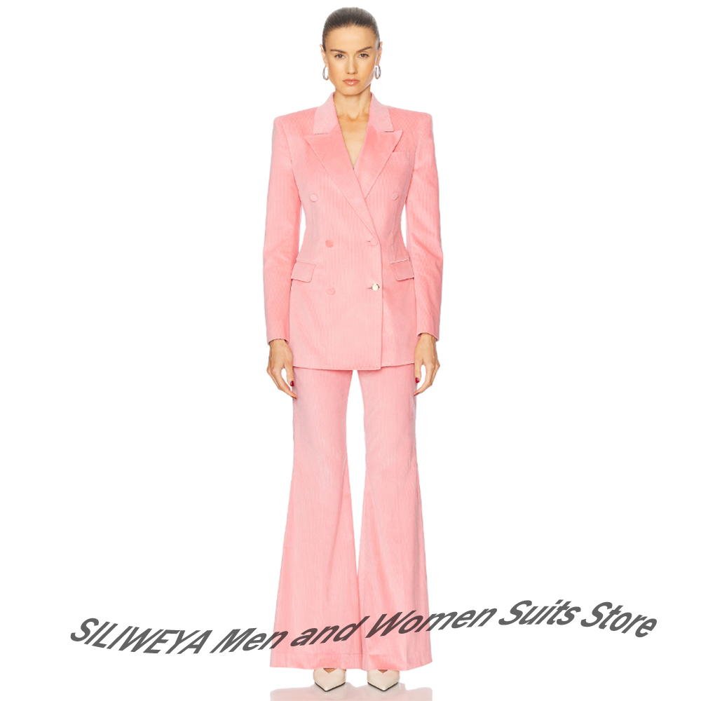 Women Formal Wear Look - フェミニンなピンクコーデュロイ2ピーススーツヴィンテージダブルブレストレディースジャケット+フレアパンツセットレトロモダンな外観イブニングパーティーウェア