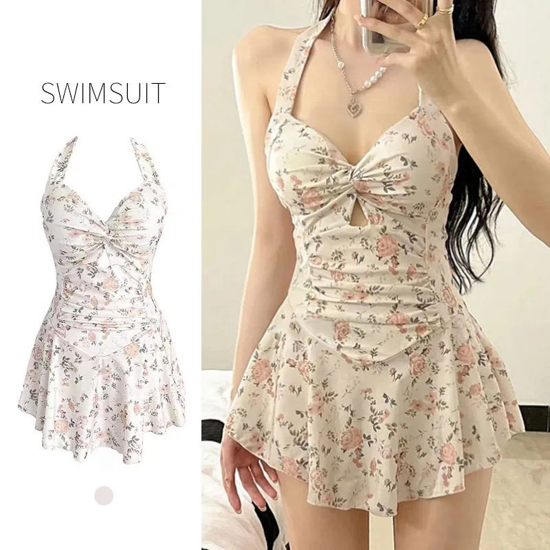 Young Women'S Formal Wear - セクシーな韓国ファッション保守的な水着ワンピース花柄プリントしわのあるノットミニドレスキュロットビキニパッド入り水着