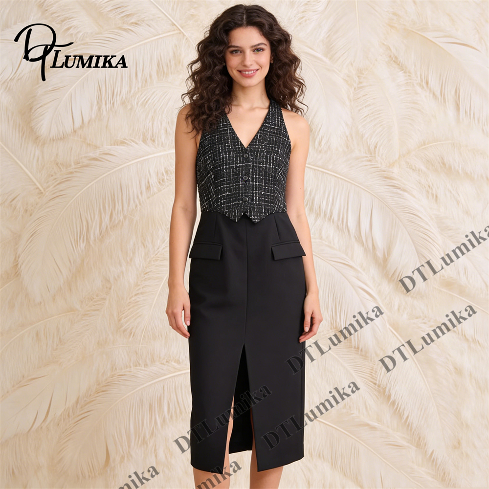 Women Formal Wear Look - ツイード＆クレープのコントラストドレス、ノースリーブVネックブレザートップマキシドレス、オフィスパーティー、イブニングウェア、エレガントな装いに