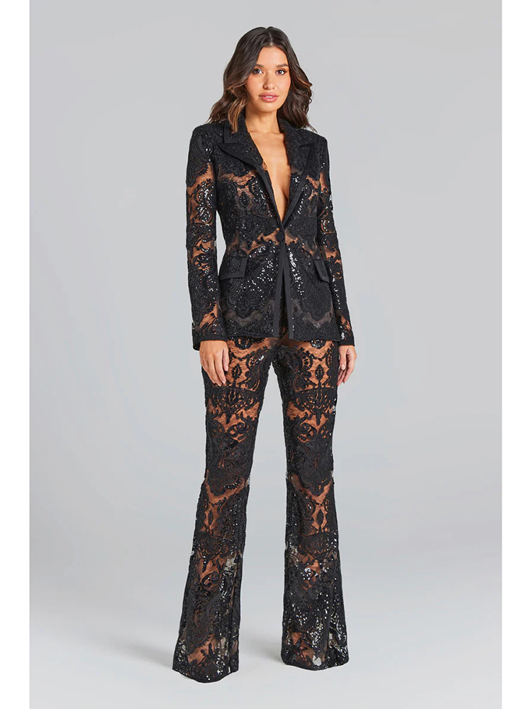 Women Formal Wear Set - ハイストリート最新2026デザイナーランウェイスーツセット レディースシングルボタンギピュールレースブレザーフレアパンツセット