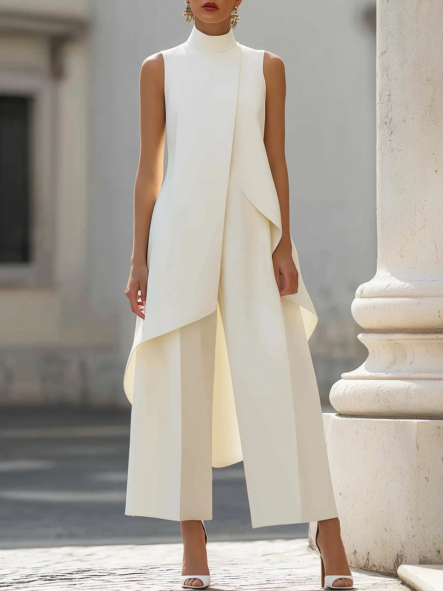 Women'S Formal Wear Suits - レディース無地ツーピースノースリーブハイネックアシンメトリートップスワイドレッグパンツおしゃれ通勤スタイルフォーマルオフィススーツ