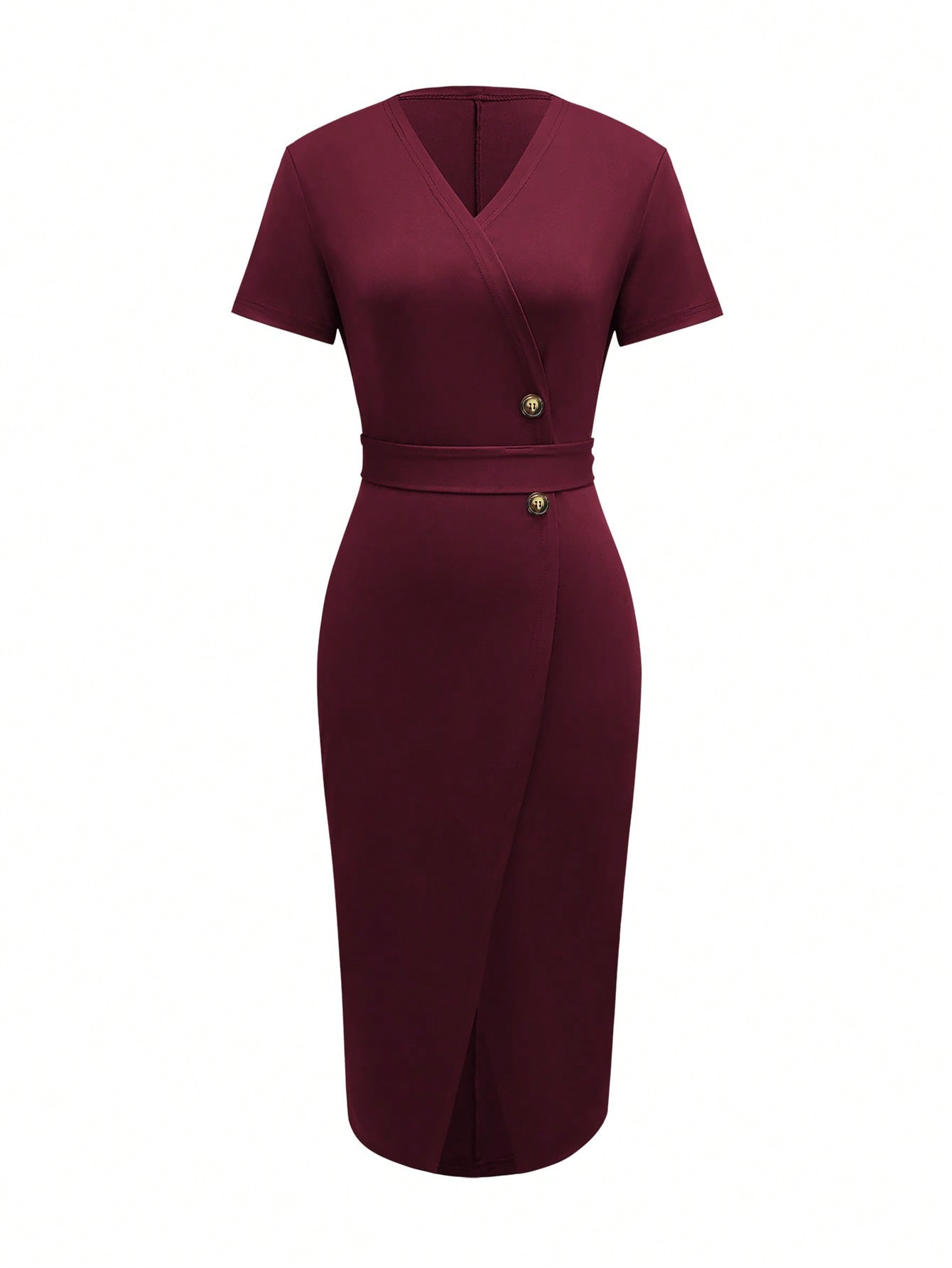 女性用バーガンディラップミディドレス、Vネック、半袖、ベルト - Wrap Dress Work のレビューと価格