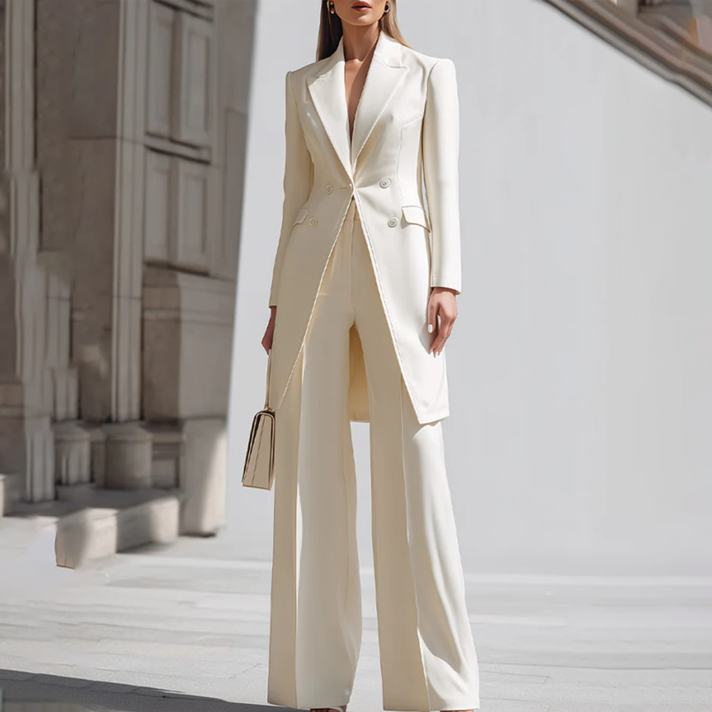 高級婦人パンツスーツ2ピースシックピークドラペルダブルブレス - Women Formal Wear Set のレビューと価格