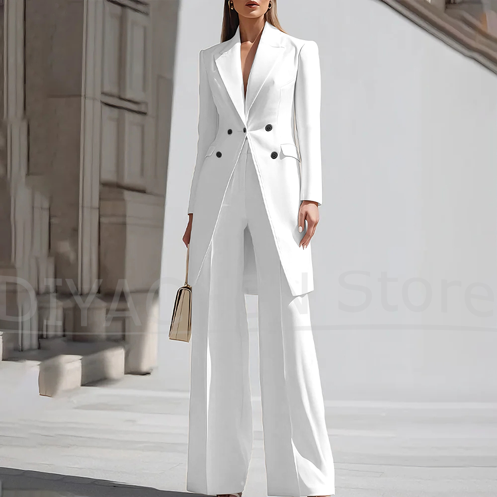高級婦人パンツスーツ2ピースシックピークドラペルダブルブレス - Women Formal Wear Set のレビューと価格