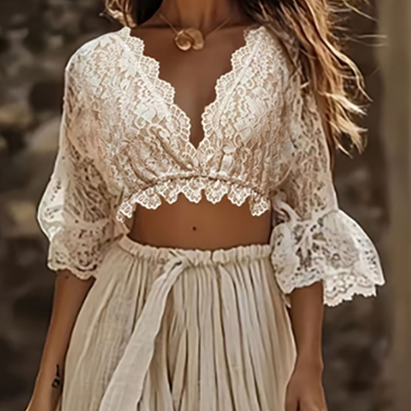 レディースボヘミアンレースツーピースセット セクシーディープ - Women Formal Wear Set のレビューと価格