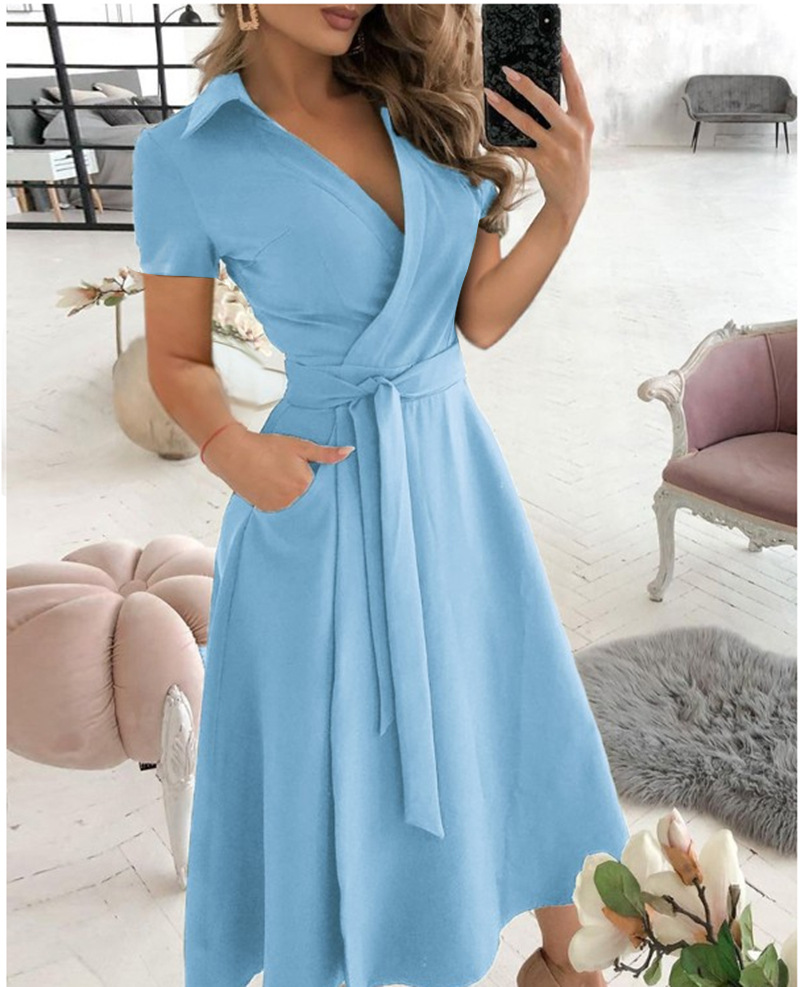 レディース半袖ラップドレス Vネックミディ丈ワンピース セル - Wrap Dress Work のレビューと価格