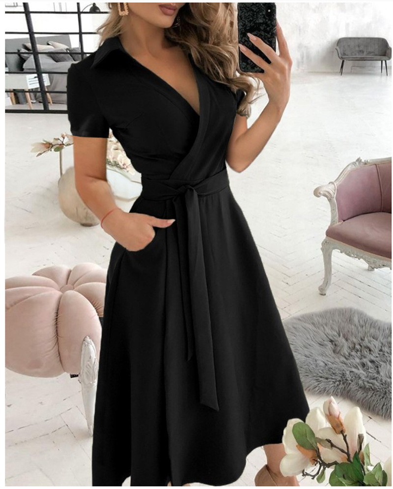レディース半袖ラップドレス Vネックミディ丈ワンピース セル - Wrap Dress Work のレビューと価格