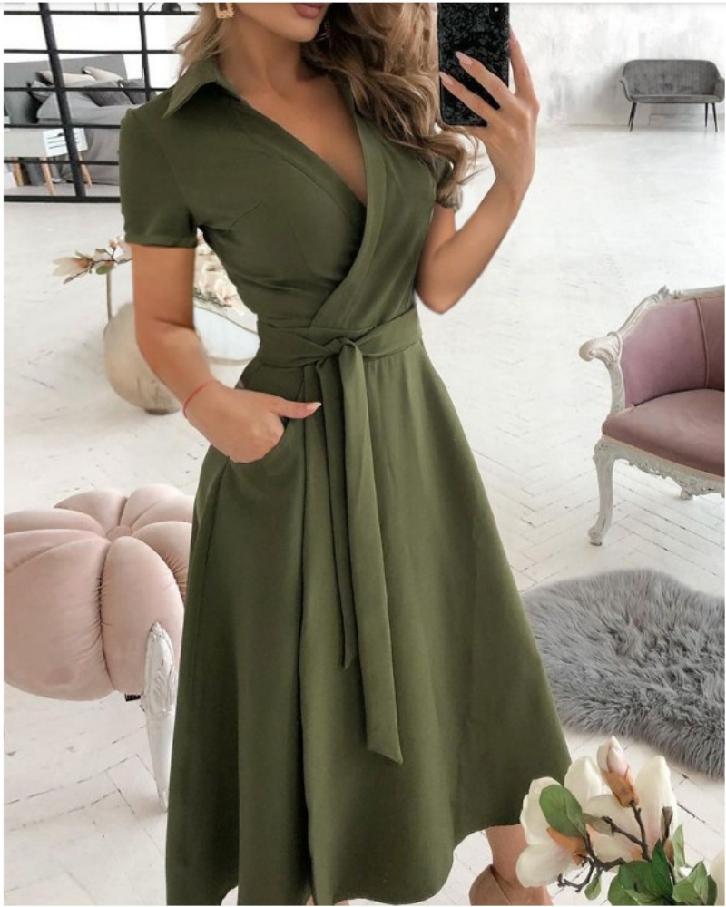 レディース半袖ラップドレス Vネックミディ丈ワンピース セル - Wrap Dress Work のレビューと価格