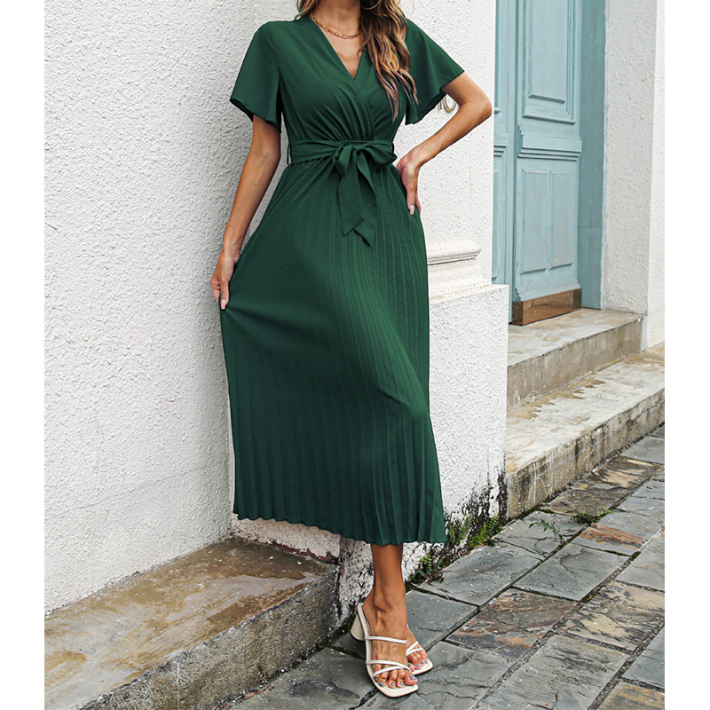 新しいレディースVネックフリルスリーブプリーツマキシワンピー - Wrap Dress Work のレビューと価格