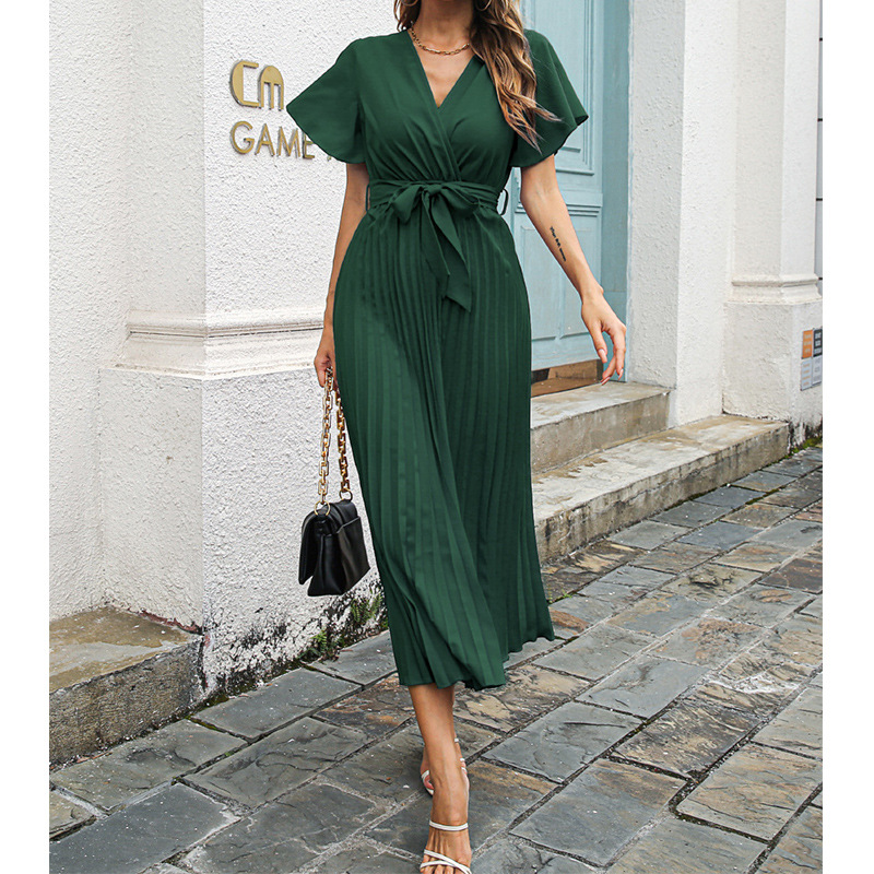 新しいレディースVネックフリルスリーブプリーツマキシワンピー - Wrap Dress Work のレビューと価格