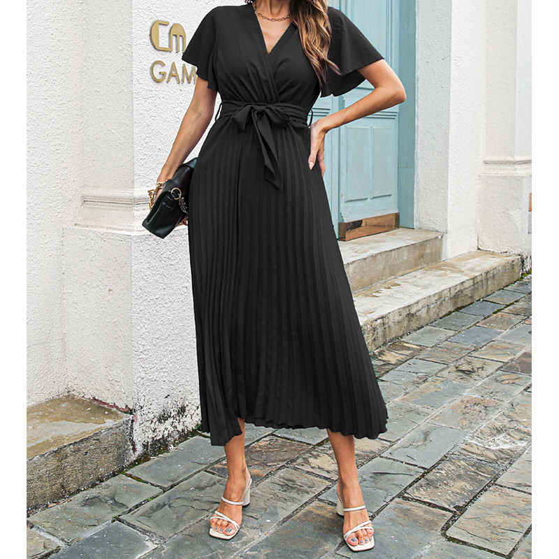 新しいレディースVネックフリルスリーブプリーツマキシワンピー - Wrap Dress Work のレビューと価格
