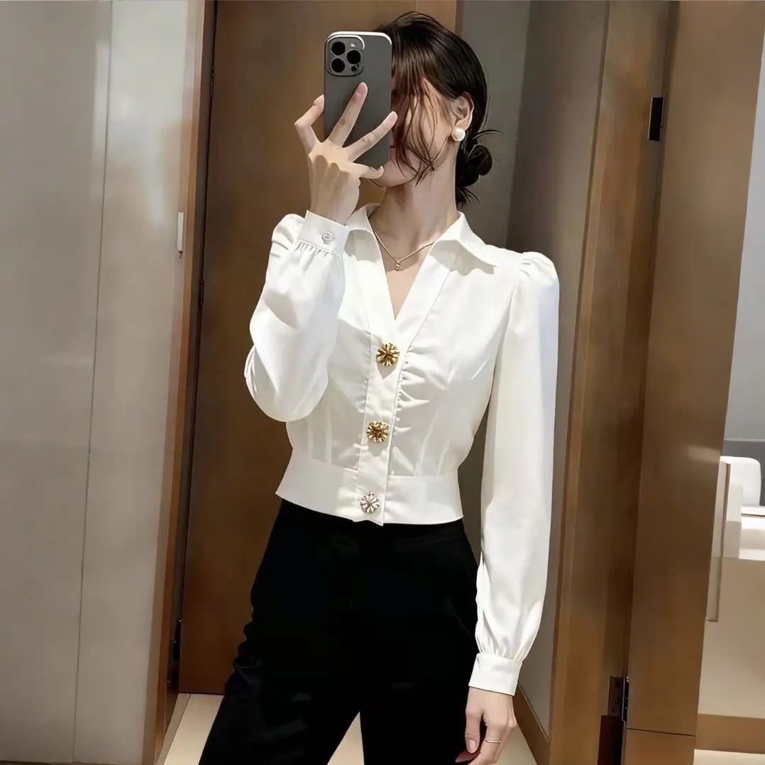 エレガントな白いVネックブラウス、女性用パフスリーブボタンシ - Women Formal Wear White Shirt のレビューと価格