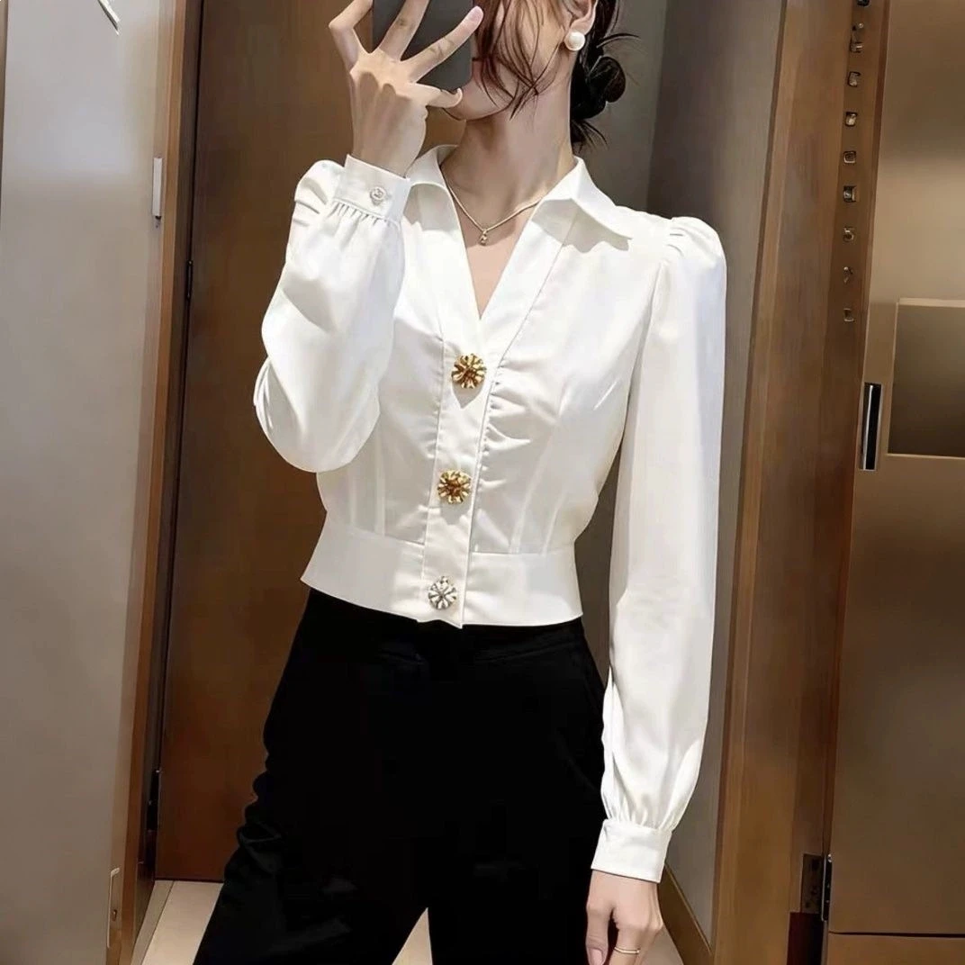 エレガントな白いVネックブラウス、女性用パフスリーブボタンシ - Women Formal Wear White Shirt のレビューと価格