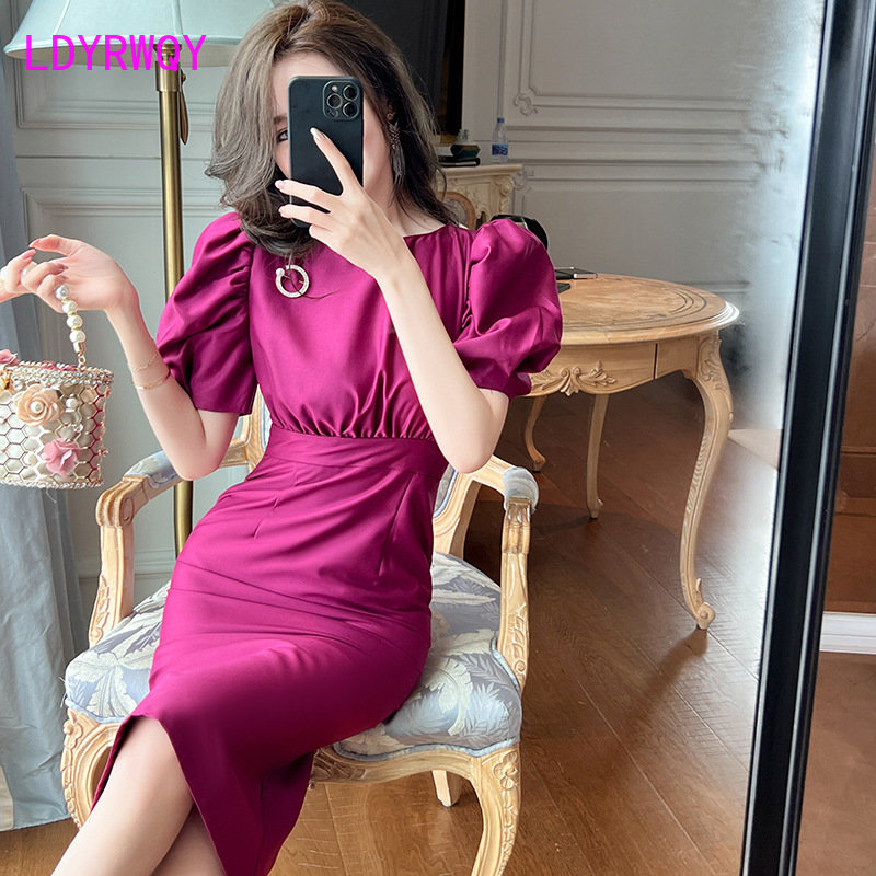 女性の夏のバブルスリーブドレス,ギャザーウエスト,パープルカ - Wrap Dress Work のレビューと価格