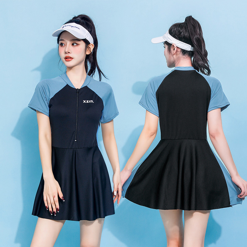 女性長袖ワンピース水着フロントジッパーカラーブロック控えめな - Young Women'S Formal Wear のレビューと価格