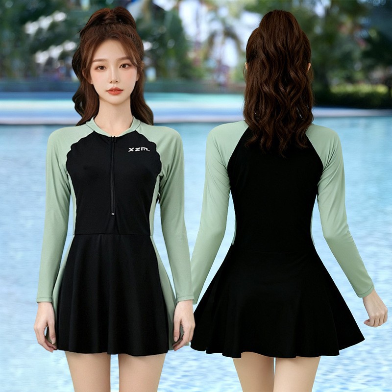 女性長袖ワンピース水着フロントジッパーカラーブロック控えめな - Young Women'S Formal Wear のレビューと価格